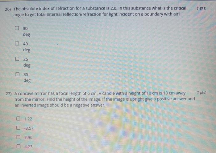 Solved 1 Pts 26 The Absolute Index Of Refraction For A Chegg Com