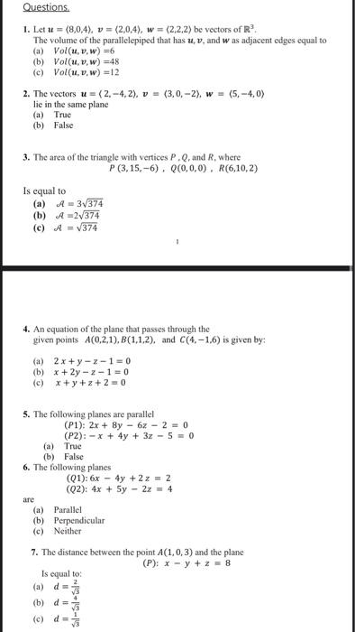 Solved Questions 1 Let U 8 0 4 V 2 0 4 W 2 Chegg Com