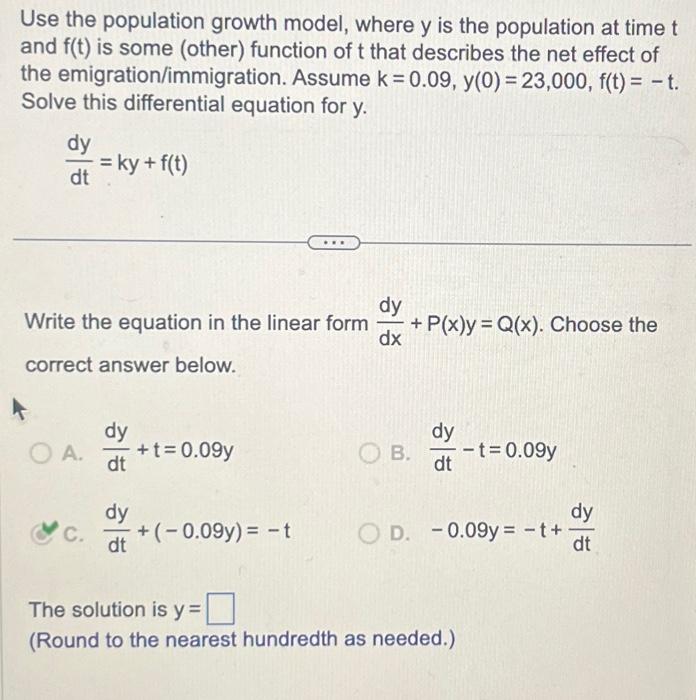 Solved Use the population growth model, where y is the | Chegg.com