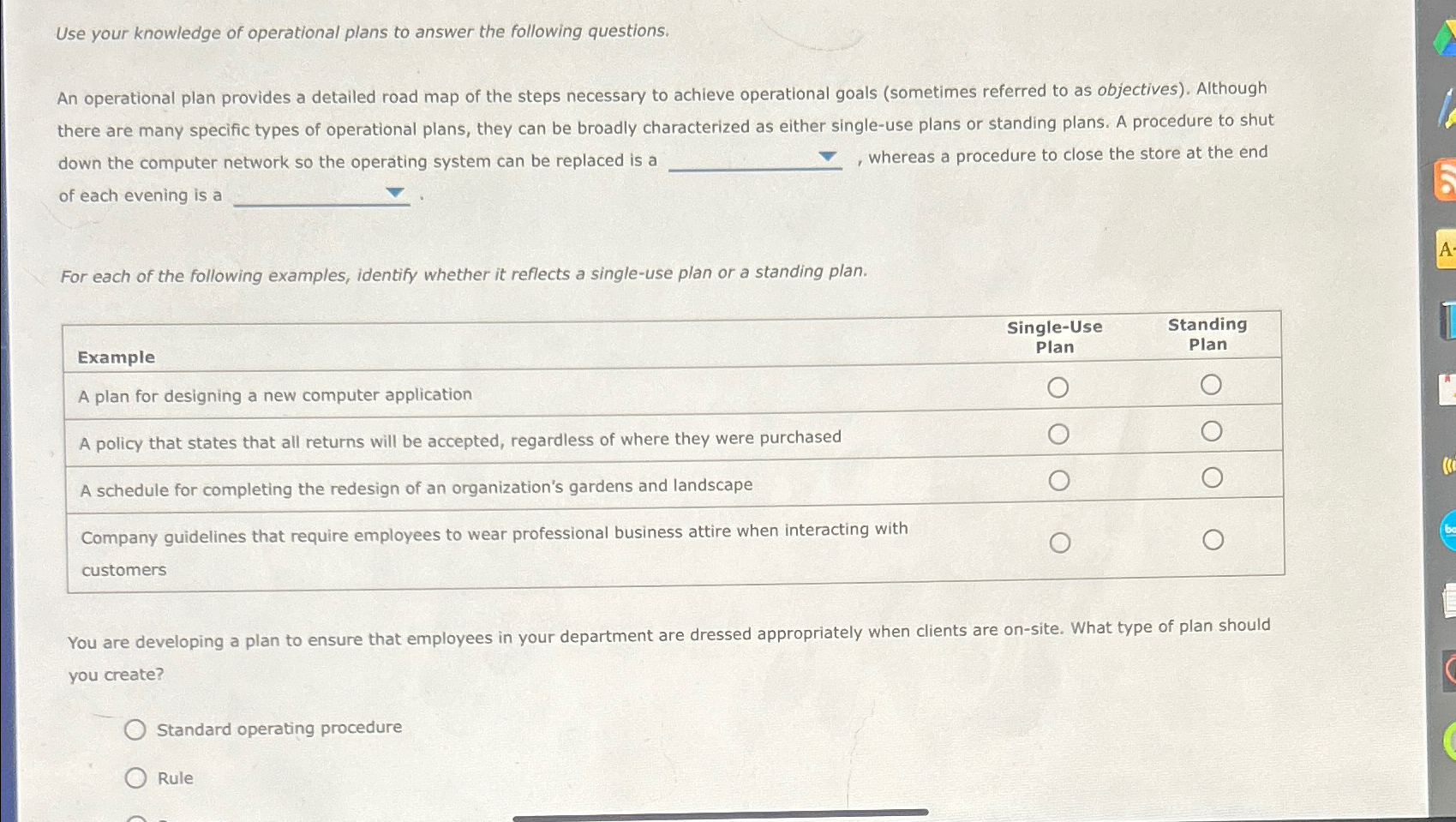 Solved Use your knowledge of operational plans to answer the | Chegg.com