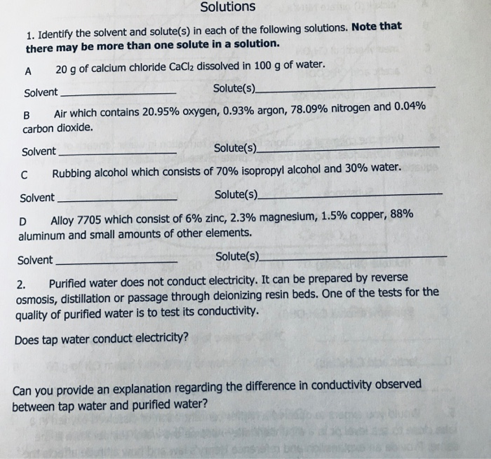 Solved Solutions 1. Identify the solvent and solute(s) in | Chegg.com