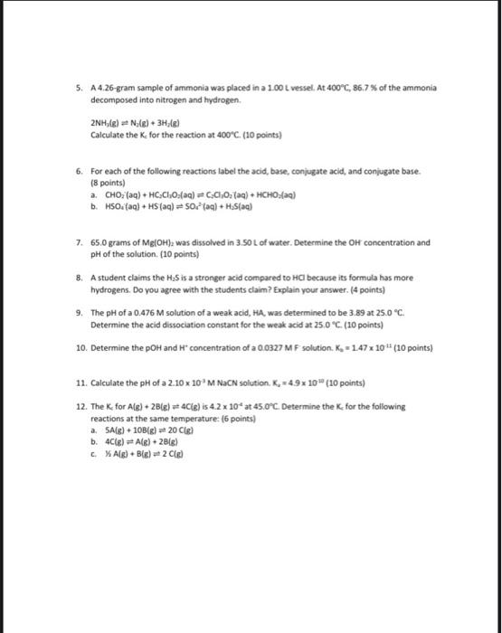 Solved 5. A 4.26-gram sample of ammonia was placed in a | Chegg.com