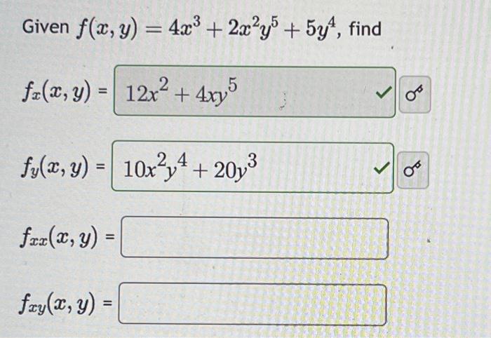 Given \( f(x, y)=4 x^{3}+2 x^{2} y^{5}+5 y^{4} \), find \[ \begin{array}{l} f_{x}(x, y)=12 x^{2}+4 x y^{5} \\ f_{y}(x, y)=10