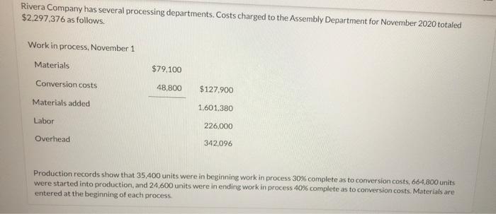 Solved Rivera Company Has Several Processing Departments. 