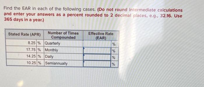 Solved Find the EAR in each of the following cases. (Do not | Chegg.com