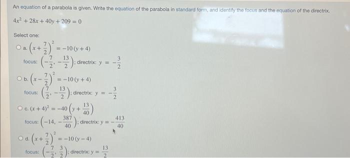 Solved An equation of a parabola is given. Write the | Chegg.com