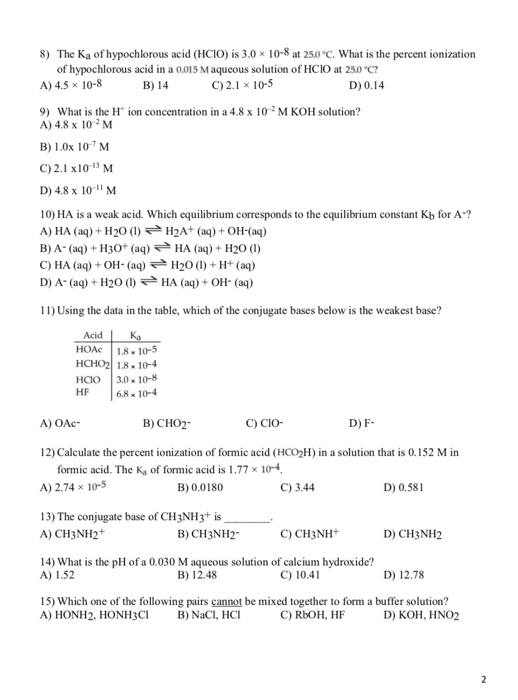 Solved 8) The Ka of hypochlorous acid (HCIO) is 3.0 x 10-8 | Chegg.com