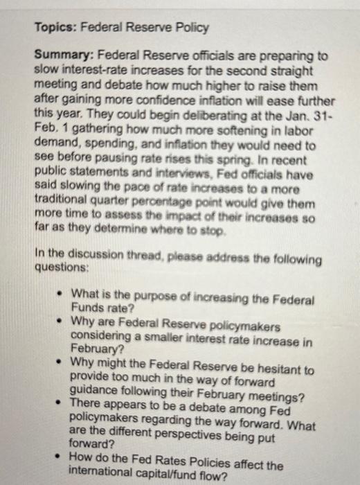 Solved Topics: Federal Reserve Policy Summary: Federal | Chegg.com