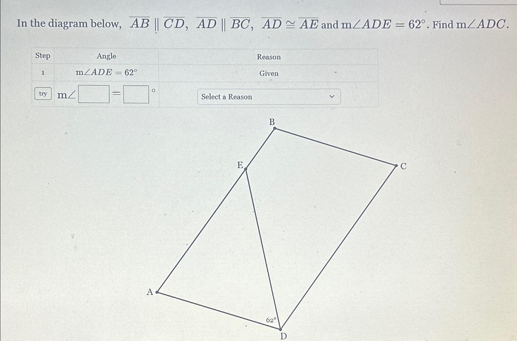 Solved In the diagram below, |)/(b|)/(b ﻿and m?ADE=62°. | Chegg.com