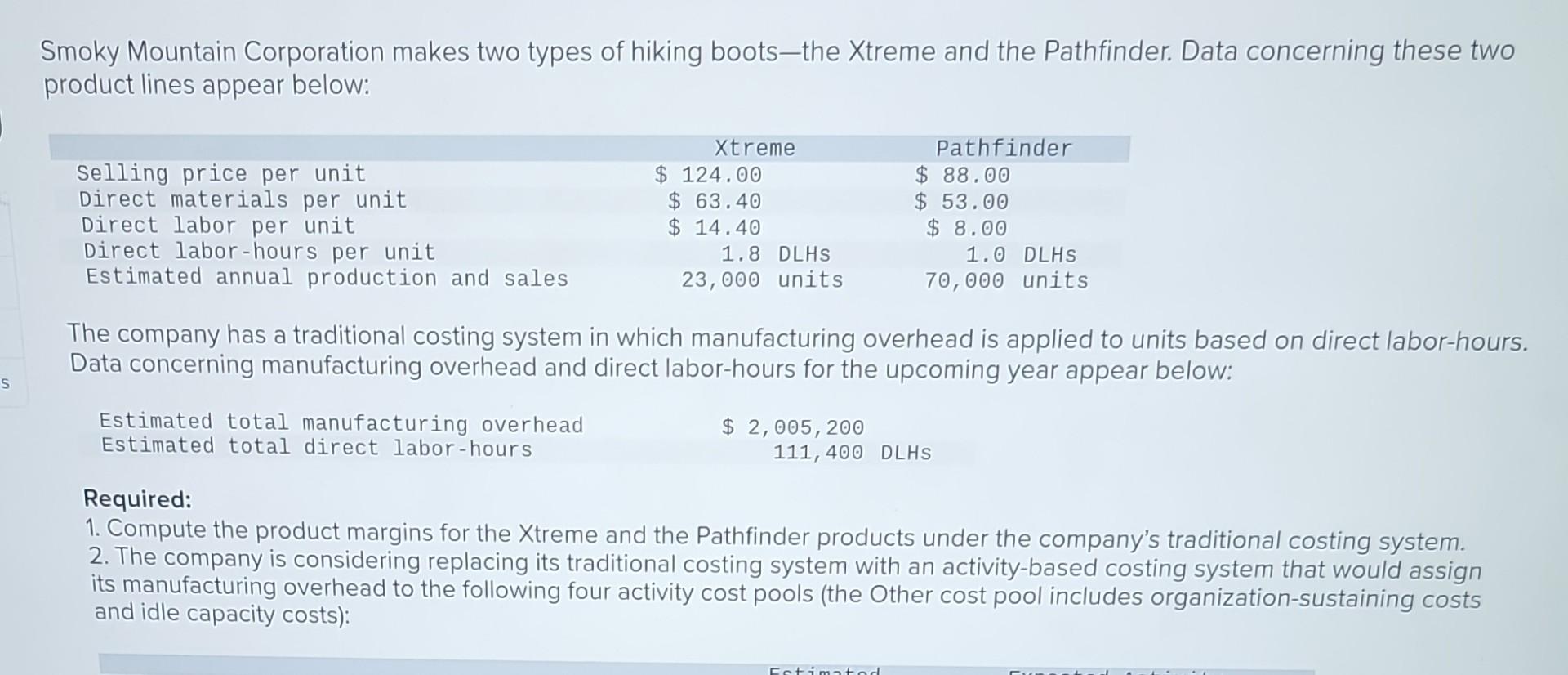 Smoky Mountain Corporation makes two types of hiking boots - the Xtreme and the Pathfinder. Data concerning these two product