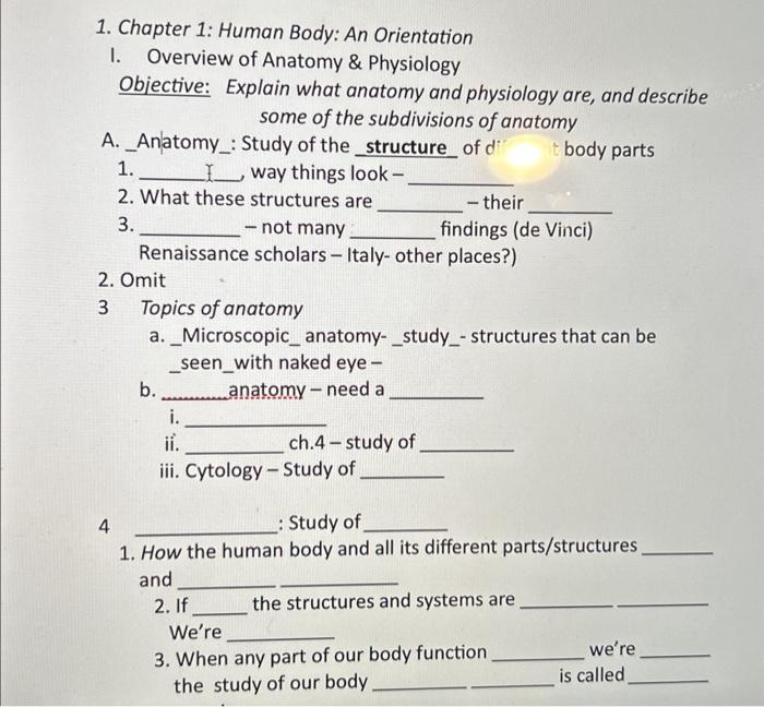 Solved 1. Chapter 1: Human Body: An Orientation I. Overview | Chegg.com