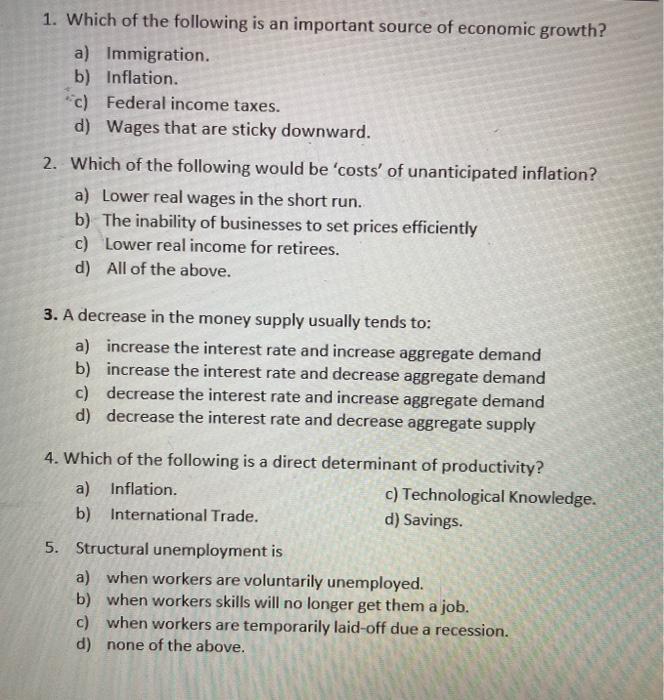 Solved 1. Which of the following is an important source of | Chegg.com