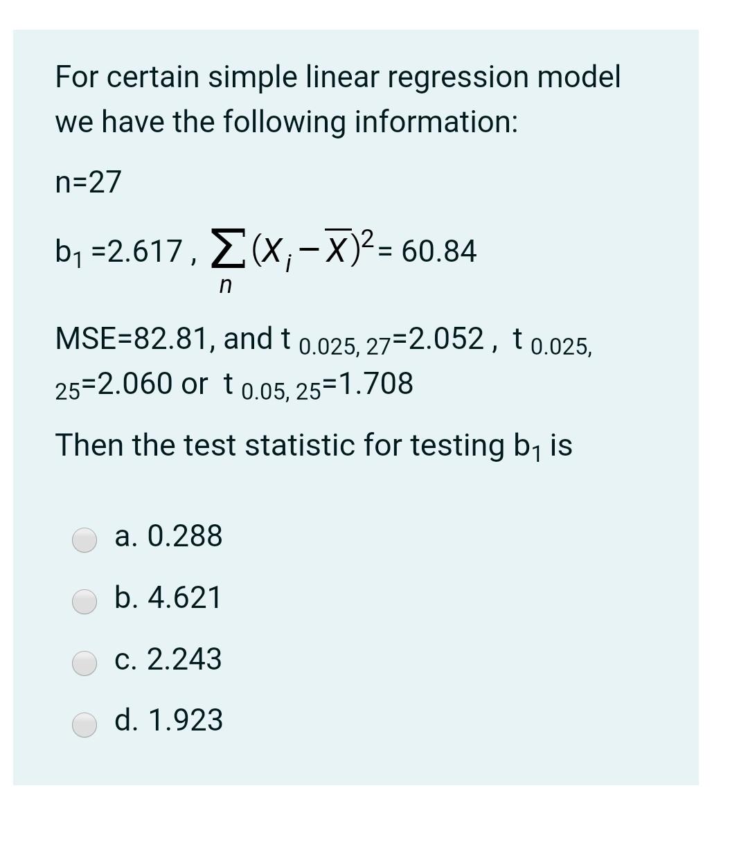 Solved For Certain Simple Linear Regression Model We Have | Chegg.com