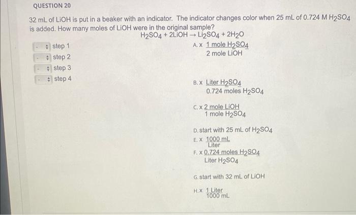 Solved 32 mL of LiOH is put in a beaker with an indicator. | Chegg.com