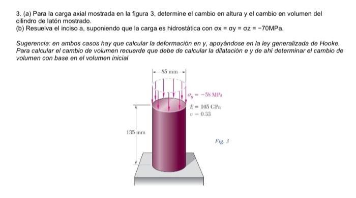 3. (a) Para la carga axial mostrada en la figura 3, determine el cambio en altura y el cambio en volumen del cilindro de lató