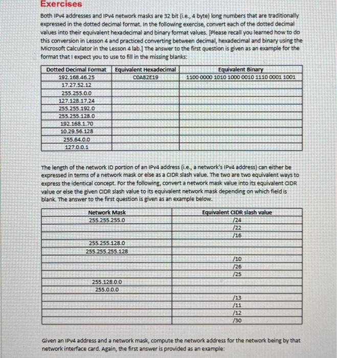 Solved Exercises Both Ipv4 Addresses And Ipv4 Network Masks