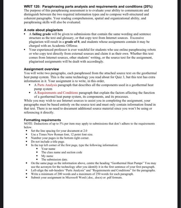 WRIT 120: Paraphrasing parts analysis and | Chegg.com