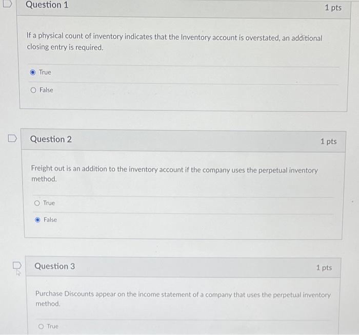 Solved Question 1 1 pts If a physical count of inventory | Chegg.com