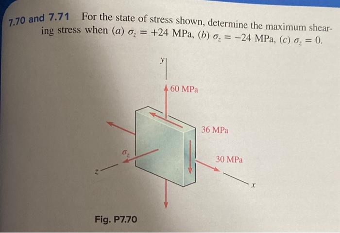 \( 7.70 \) and \( 7.71 \) For the state of stress shown, determine the maximum shearing stress when \( (a) \sigma_{z}=+24 \ma