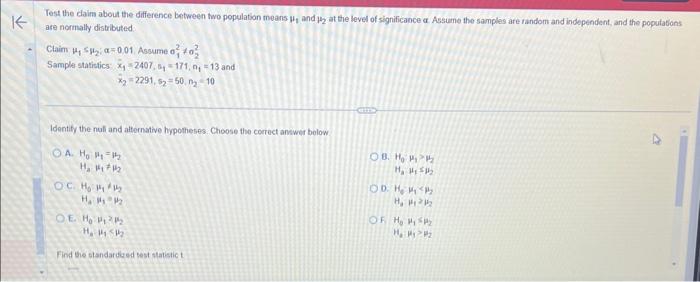 Solved Test the daim about the difference between two | Chegg.com