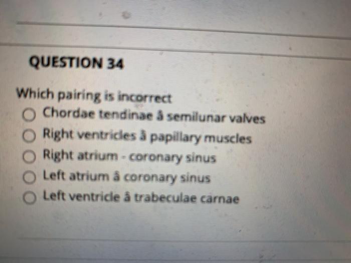 QUESTION 34 Which pairing is incorrect Chordae tendinae à semilunar valves Right ventricles à papillary muscles Right atrium-