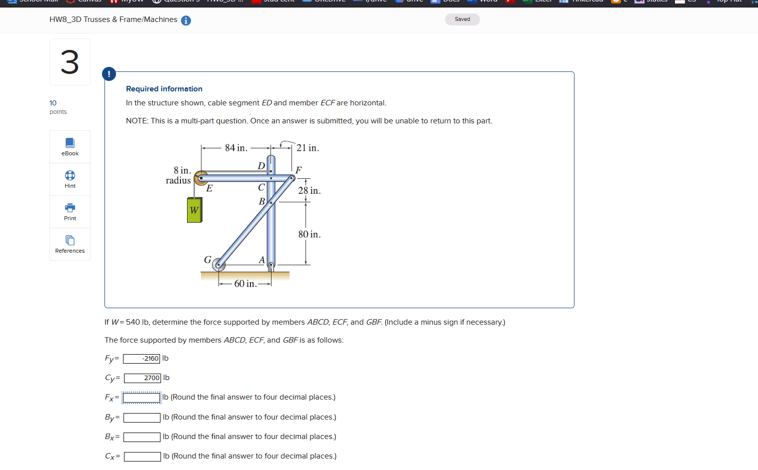Solved In ﻿the structure shown, cable segment ED ﻿and member | Chegg.com