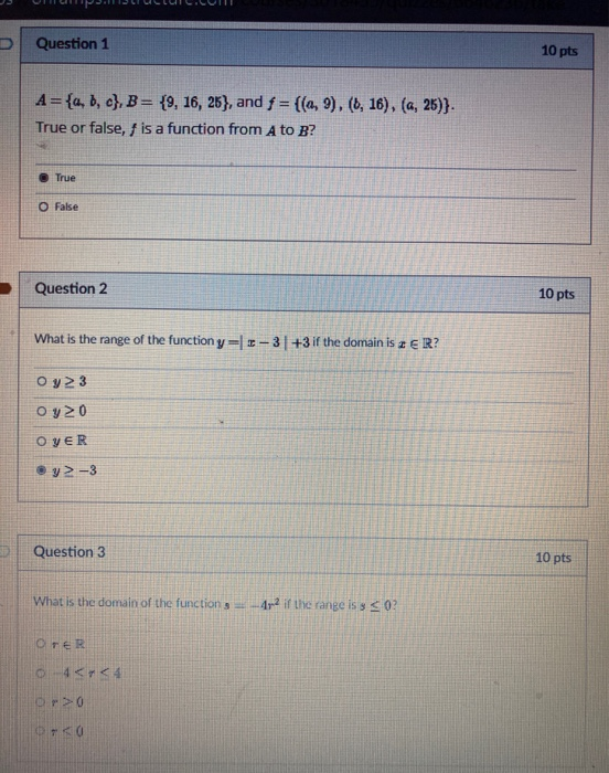 Solved D Question 1 10 pts A={a,b,c}, B = {9, 16, 25}, and f | Chegg.com