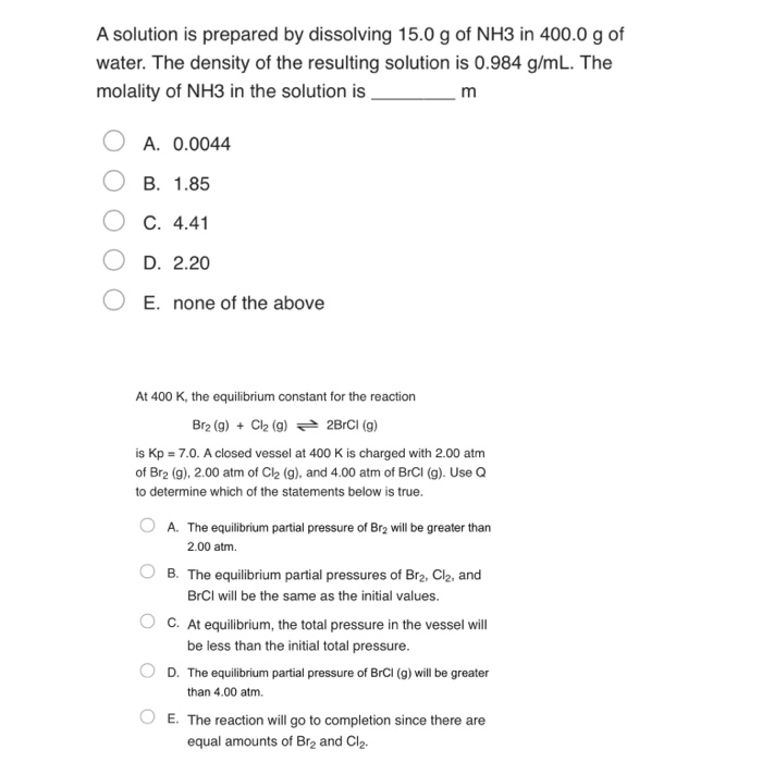 Solved A solution is prepared by dissolving 15.0 g of NH3 in | Chegg.com