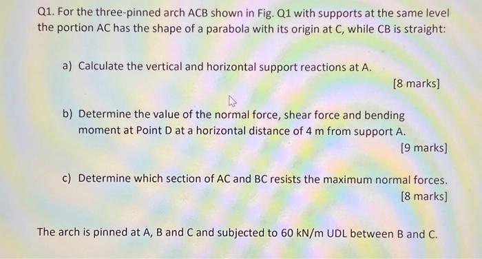 Q1. For the three-pinned arch ACB shown in Fig. Q1 | Chegg.com