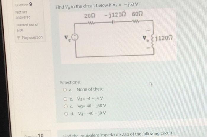 Solved Find Va In The Circuit Below If V0 −j60 V Select One