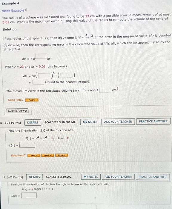 Solved Video Example The Radius Of A Sphere Was Measured And | Chegg.com