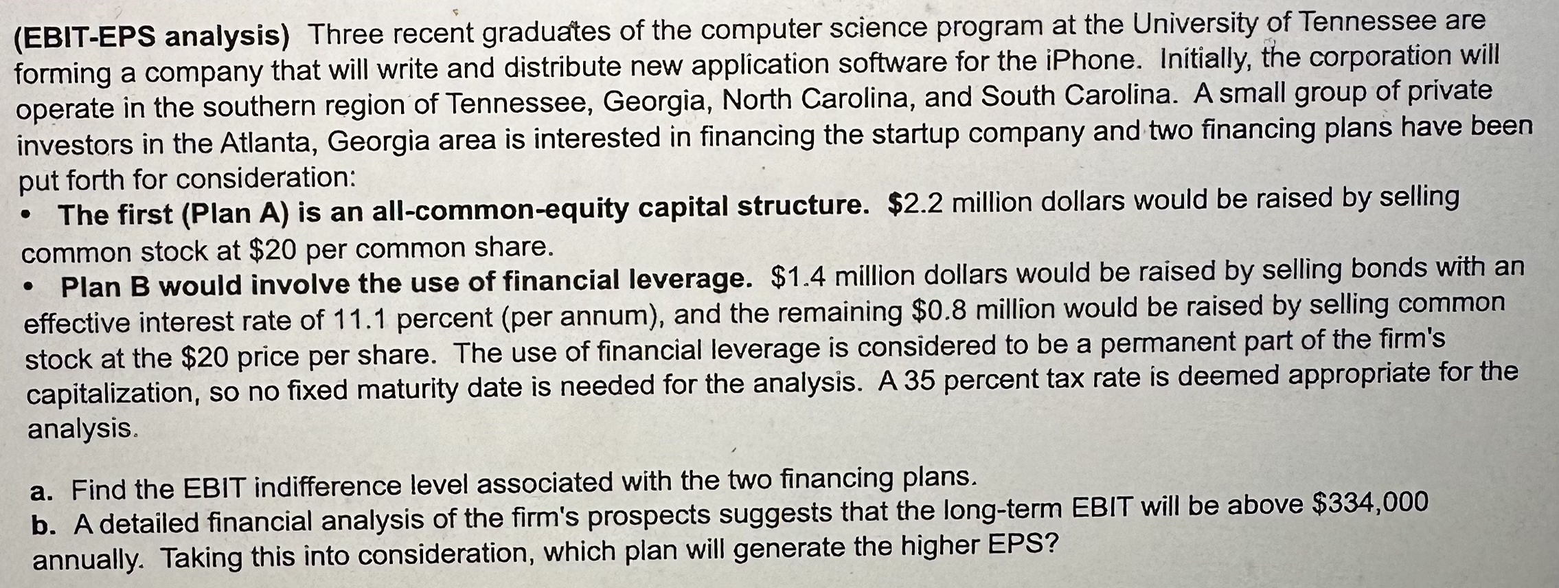 (EBIT-EPS analysis) ﻿Three recent graduates of the | Chegg.com
