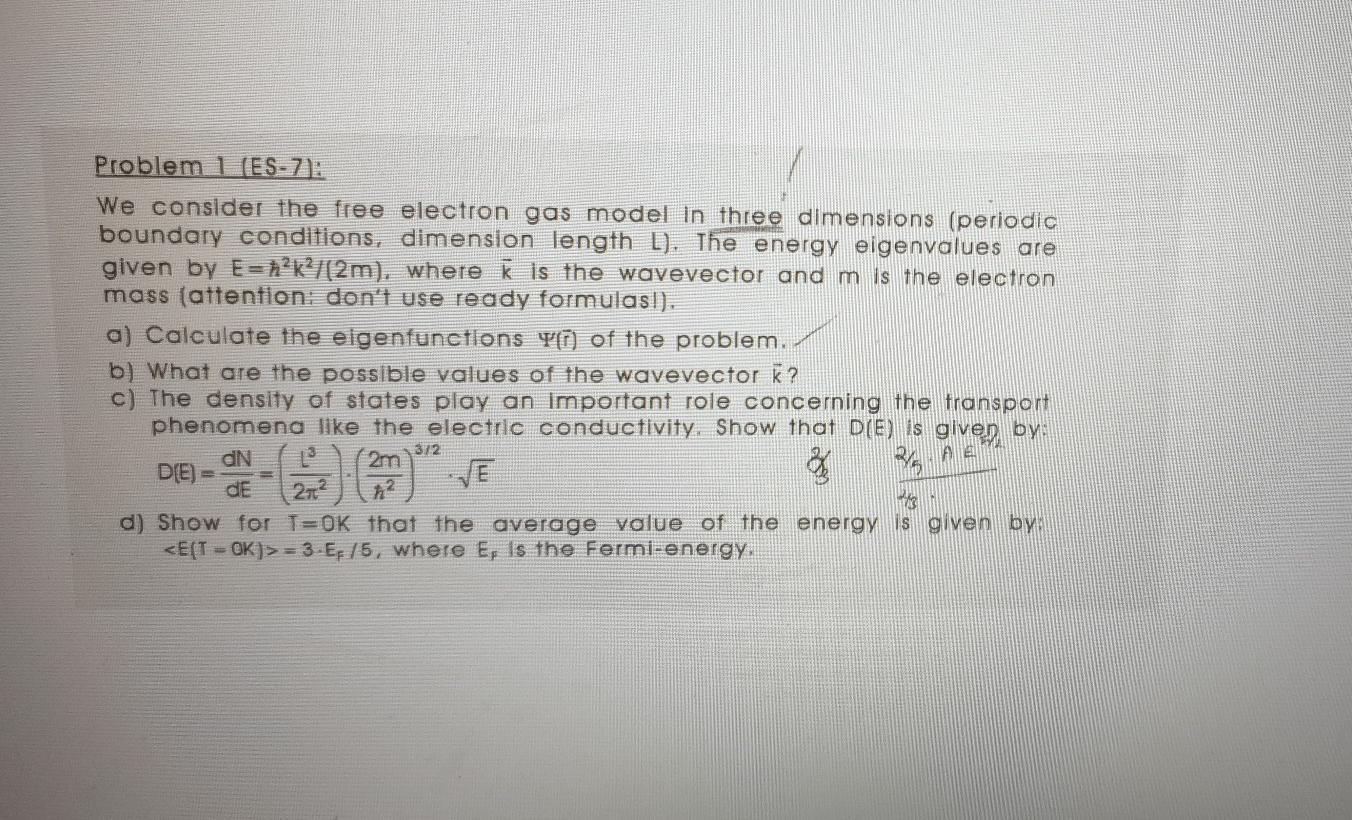Solved Problem 1 (ES-7): We consider the free electron gas | Chegg.com