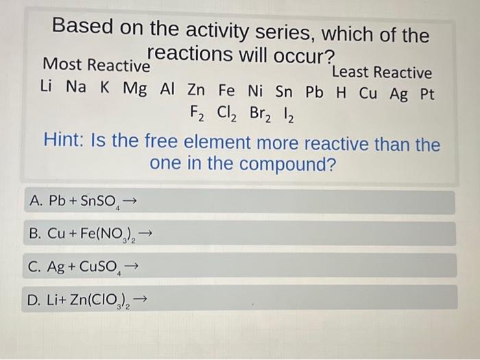 Based on the activity series, which of the reactions | Chegg.com
