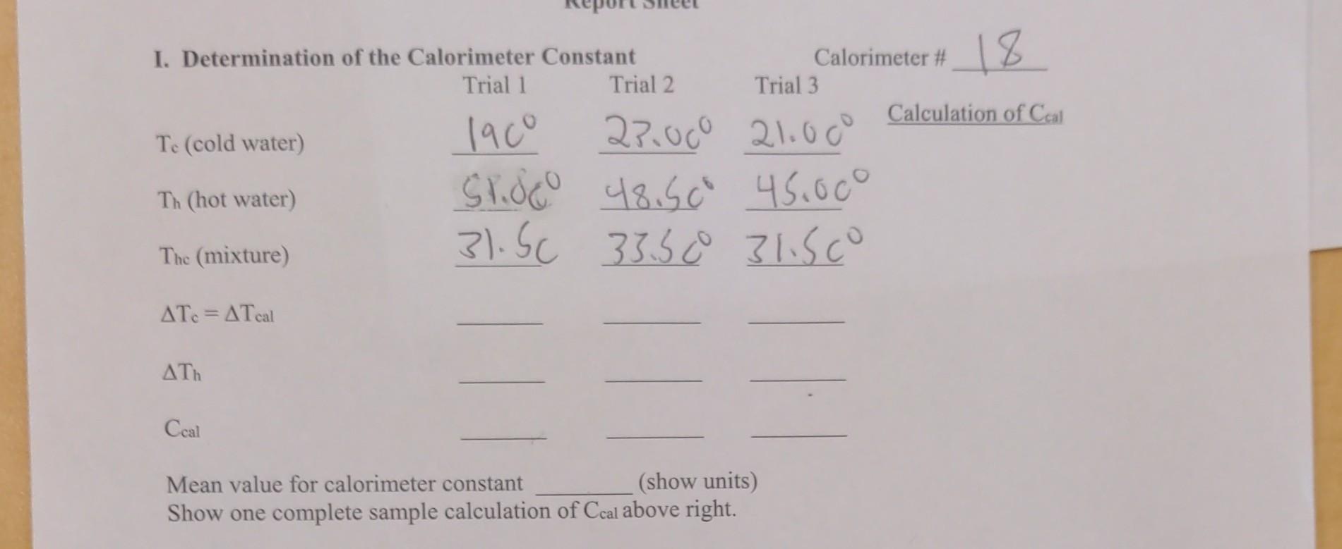 Mean value for calorimeter constant (show units) Show