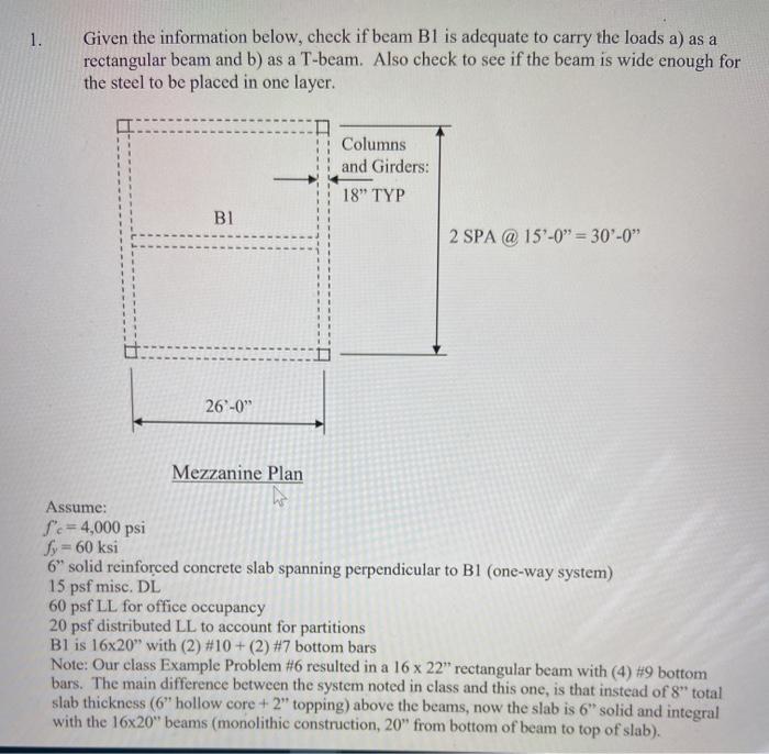 Solved 1. Given the information below, check if beam B1 is | Chegg.com