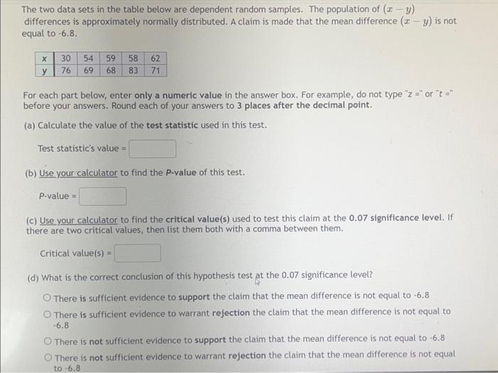 Solved The two data sets in the table below are dependent | Chegg.com