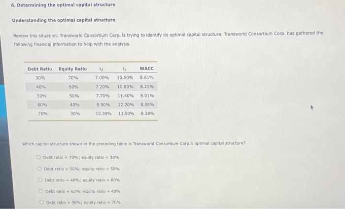 Solved 6. Determining the optimal capital structure | Chegg.com