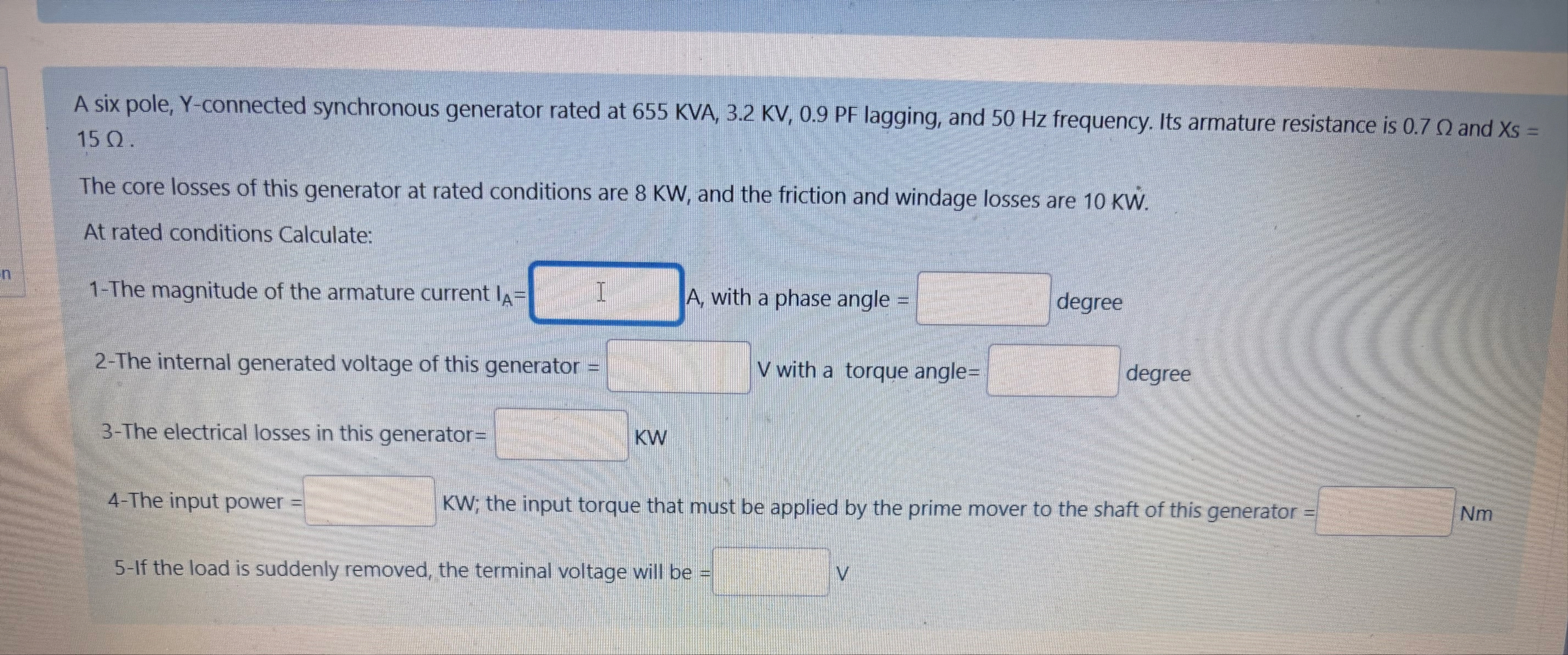 Solved A six pole, Y-connected synchronous generator rated | Chegg.com