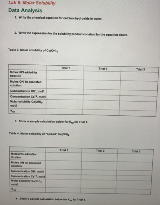 Solved Lab 8: Molar Solubility Data Table 1: Titration of | Chegg.com