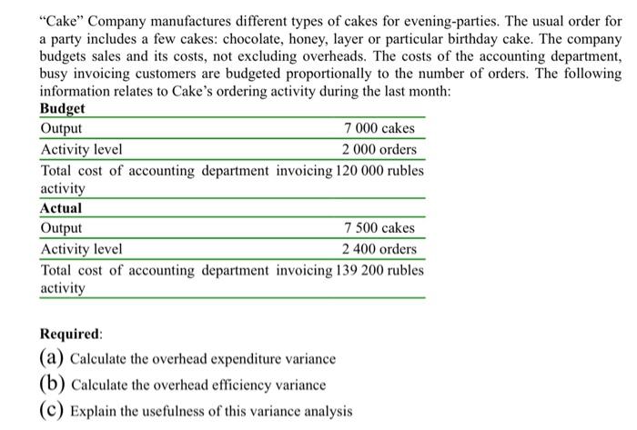 Solved “Cake” Company manufactures different types of cakes | Chegg.com