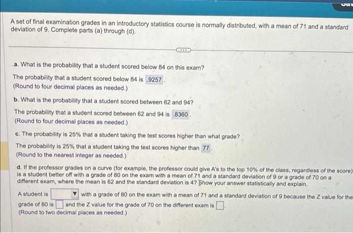 Solved A set of final examination grades in an introductory | Chegg.com