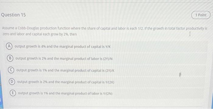 Solved Question 15 1 Point Assume A Cobb Douglas Production Chegg Com