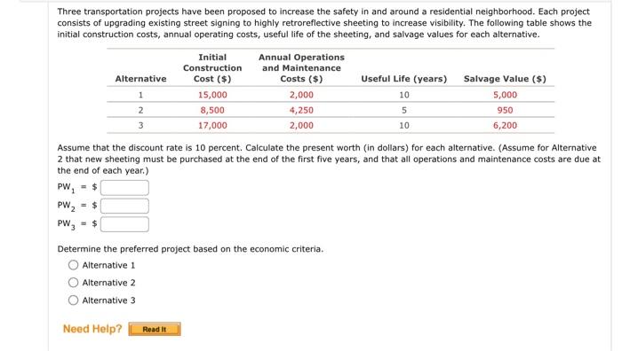 Solved Three transportation projects have been proposed to | Chegg.com