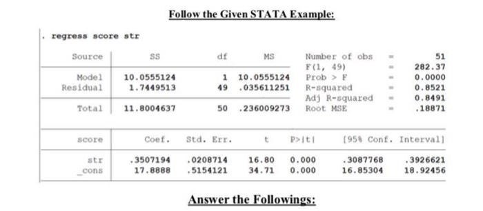 Solved Follow The Given Stata Example Regress Score Str Chegg Com