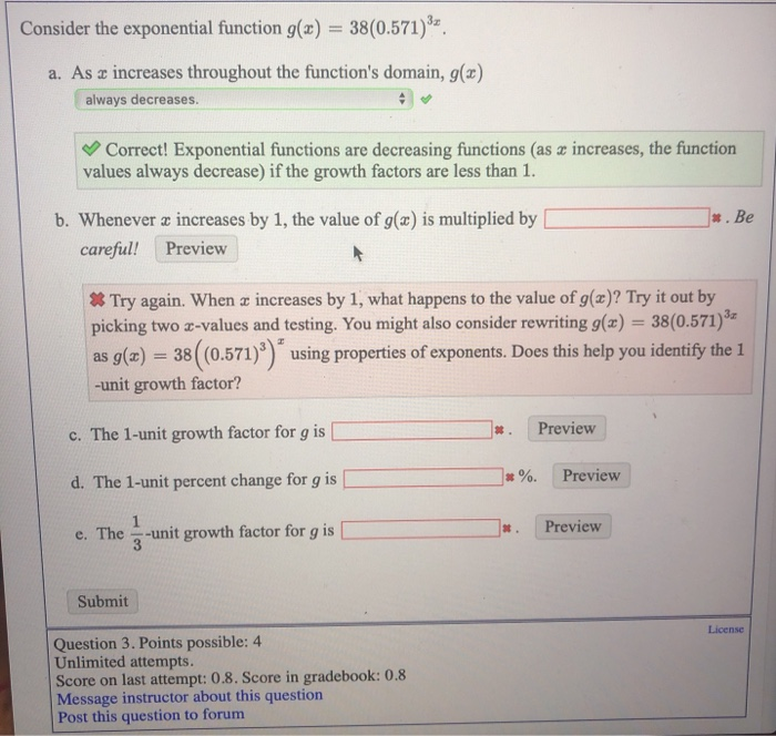 Solved Consider the exponential function g(x) = 38(0.571)32 | Chegg.com