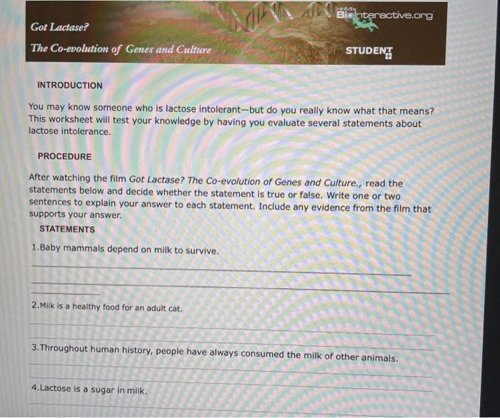 A Biainteractive.org Got Lactase? The Co-evolution Of | Chegg.com