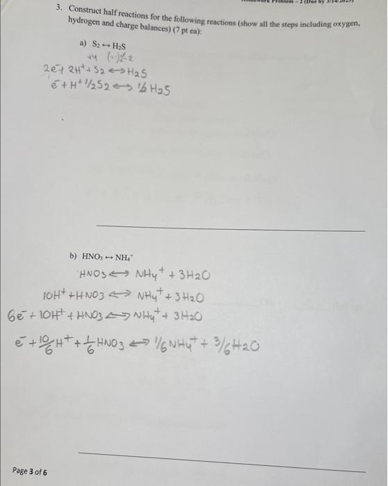 Solved 3. Construct Half Reactions For The Following | Chegg.com