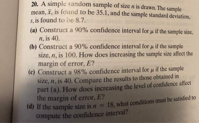 Solved 20. A simple random sample of size n is drawn. The | Chegg.com