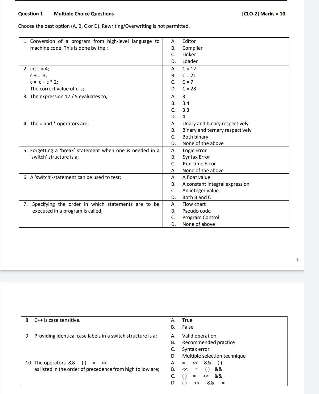 Solved Question 1 Multiple Choice Questions (CLO-2] Marks = | Chegg.com